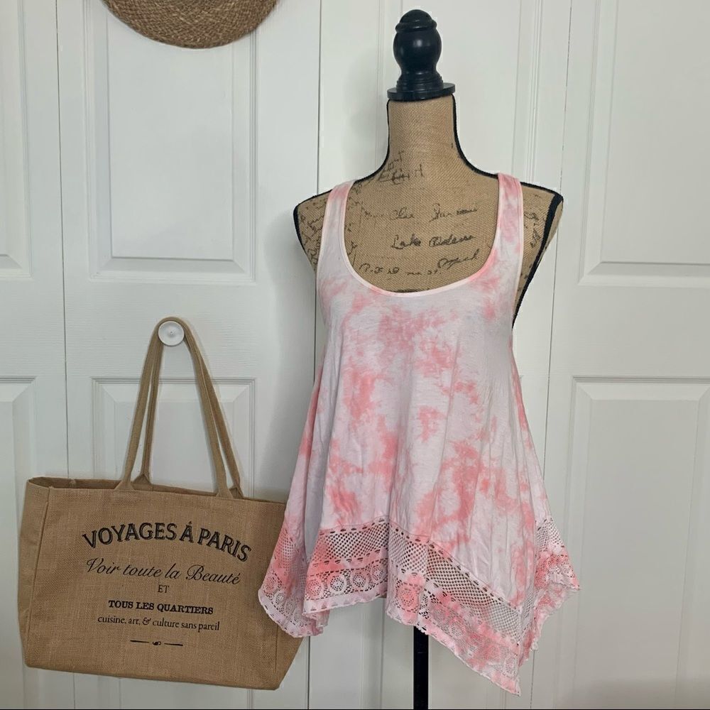 Roxy Coral Pink Tie Dye Crochet Lace Hem Trapeze Tank Top Small